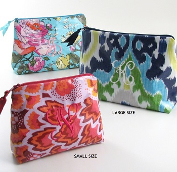 personalized laminated print cosmetic bags, monogrammed makeup bags, wet bag, oilcloth bag
