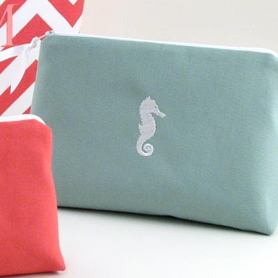 coastal theme large cosmetic bag with embroidered seahorse icon