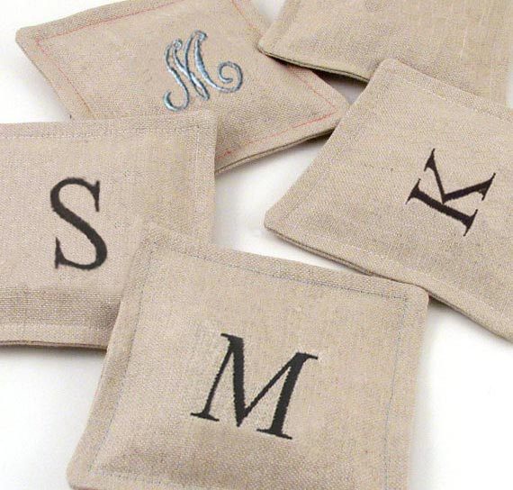 lavender drawer sachets with embroidered initial