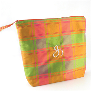 Objects of Desire silk plaid lingerie bag in papaya is personalized with an embroidered initial